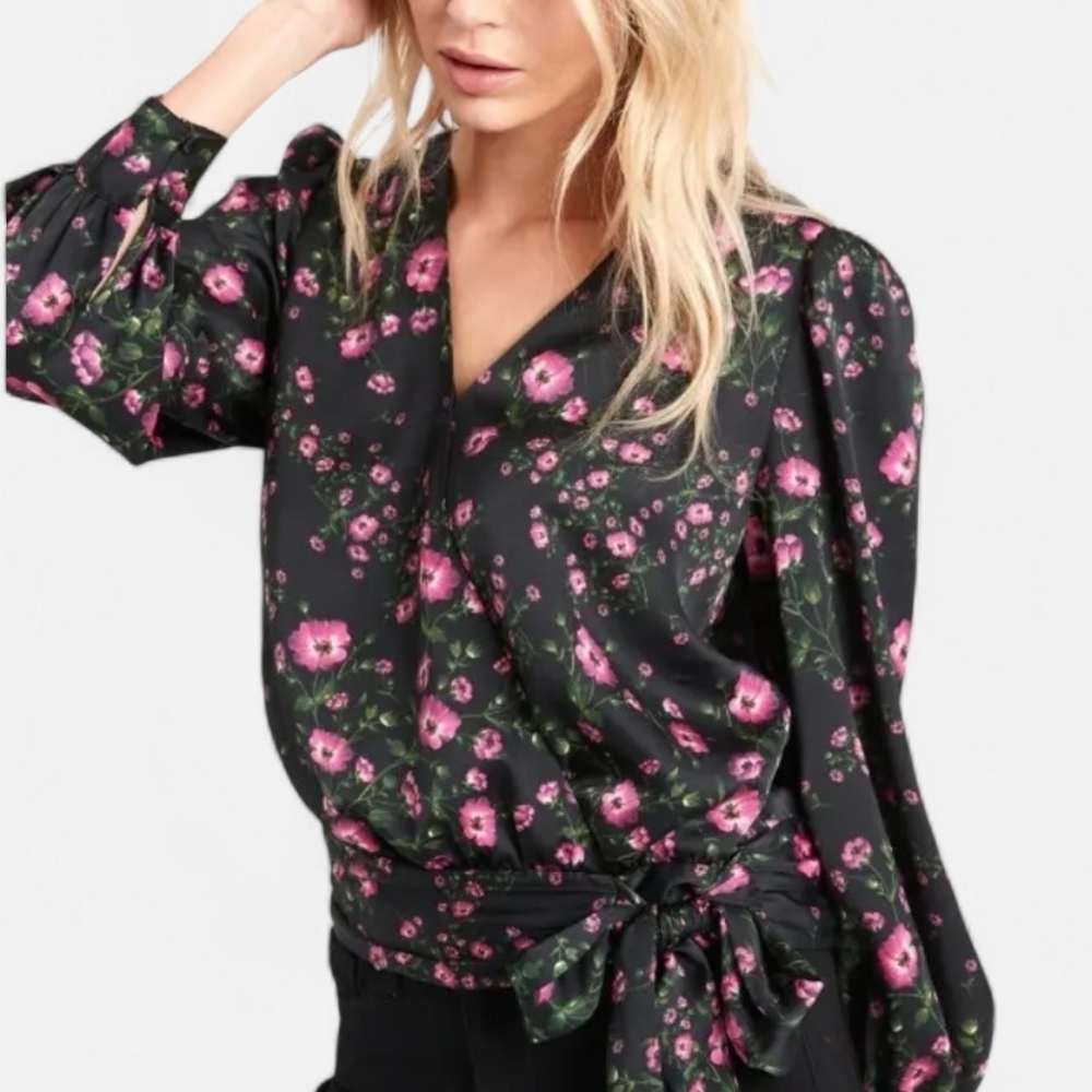 BANANA REPUBLIC Floral Wrap Blouse with long tie/bow - Black and Pink, size M